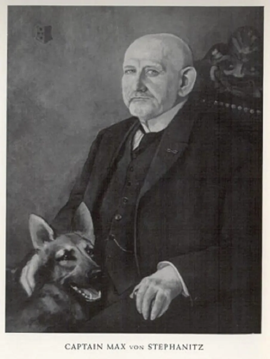 Portrait painting of Captain Max von Stephanitz with a German Shepherd