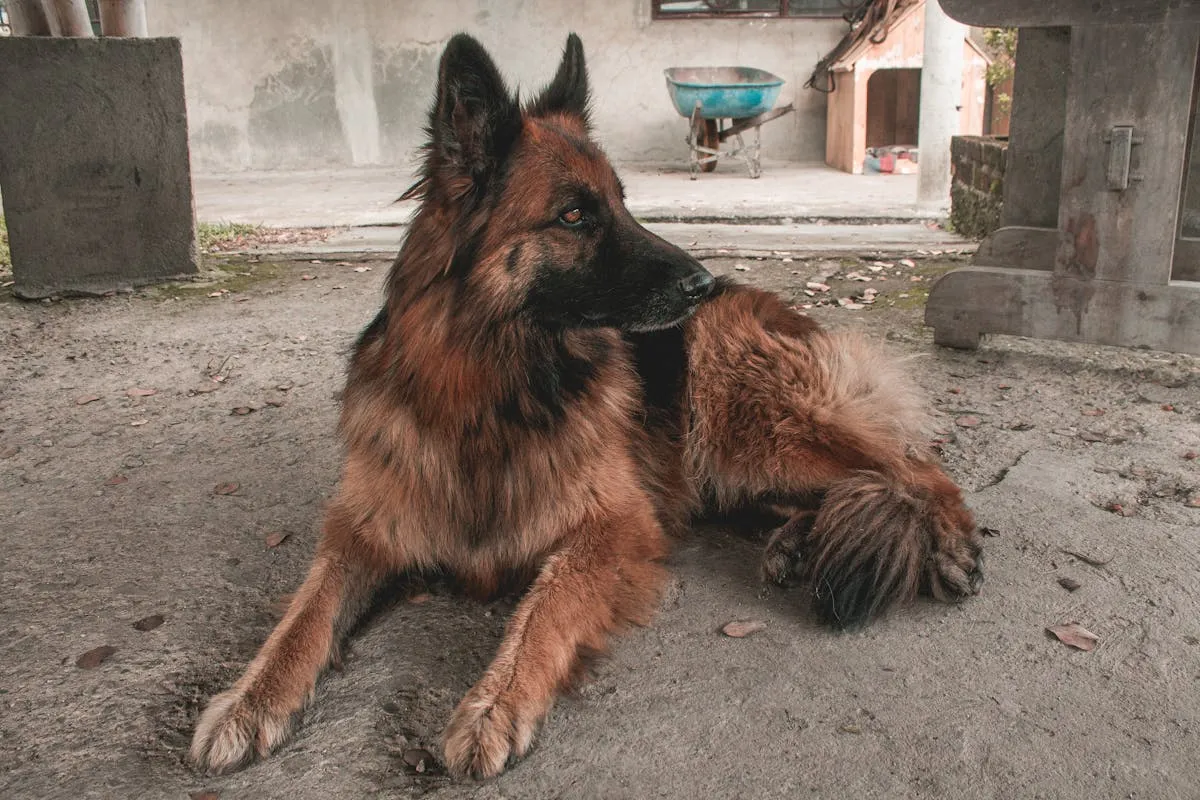 German Shepherd lying outdoors on concrete